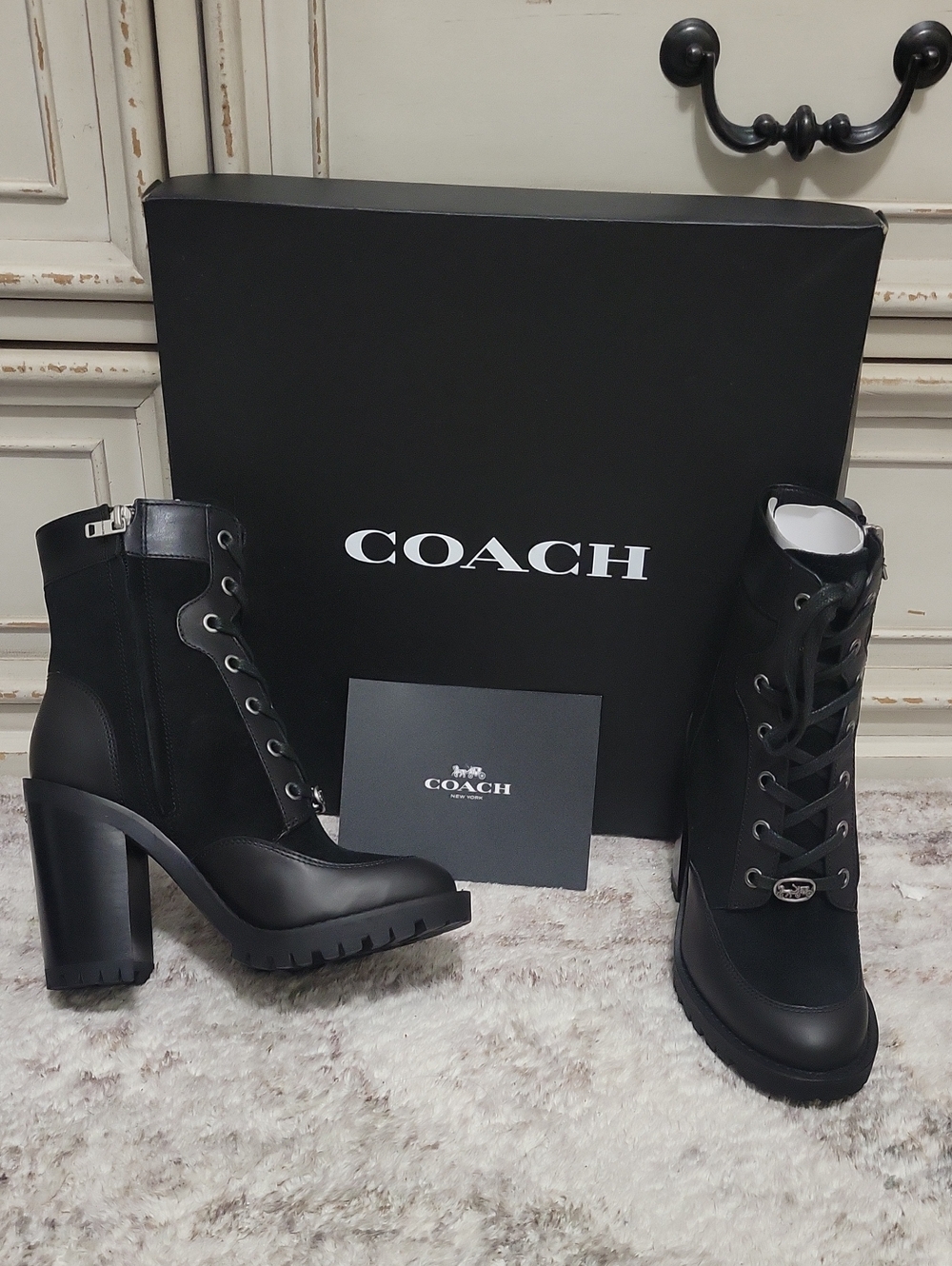 Coach Black Leather Lace-Up Lug-Sole Block Heel Boots